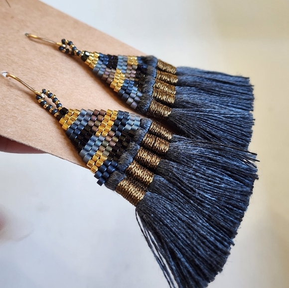 Handcrafted Blue and Gold Beaded Tassel Earrings - Picture 3 of 11
